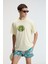 FLAVOR Erkek Oversize %100 Pamuk Baskılı Yuvarlak Yaka Sarı T-Shirt 2