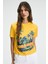 MELVESSA Kadın %100 Pamuk Baskı Detaylı Regular Fit Bisiklet Yakalı Sarı T-Shirt 1