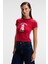 YELVANE Kadın %100 Pamuk Bisiklet Yaka Baskılı Regular Fit Kırmızı T-Shirt 2