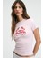 ATHEA Kadın Bisiklet Yaka Kısa Kollu Önü Baskılı Slim Pembe T-Shirt 2