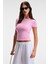 TARELIA Kadın Bisiklet Yaka Kısa Kollu Slim Pembe T-Shirt 2