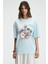 NITZA Kadın %100 Pamuk Oversize Bisiklet Yaka Mavi T-Shirt 2