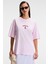 Tavena Kadın Pamuk Baskılı Oversize Fit Kısa Kollu Yuvarlak Yaka Pembe T-Shirt 2