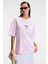 Tavena Kadın Pamuk Baskılı Oversize Fit Kısa Kollu Yuvarlak Yaka Pembe T-Shirt 4