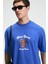 CRISP Erkek Oversize %100 Pamuk Baskılı Yuvarlak Yaka Saks Mavi T-Shirt 1