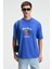 CRISP Erkek Oversize %100 Pamuk Baskılı Yuvarlak Yaka Saks Mavi T-Shirt 2