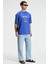 CRISP Erkek Oversize %100 Pamuk Baskılı Yuvarlak Yaka Saks Mavi T-Shirt 3