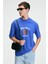 CRISP Erkek Oversize %100 Pamuk Baskılı Yuvarlak Yaka Saks Mavi T-Shirt 4