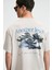 VEYRON Erkek %100 Pamuk Oversize Fit Baskılı Kısa Kollu Yuvarlak Yakalı Bej T-Shirt 1