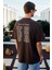 BENZO Erkek Ön Arka Baskı Detaylı %100 Organik Pamuk Oversize Kısa Kollu Koyu Kahverengi T-Shirt 1