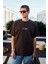 BENZO Erkek Ön Arka Baskı Detaylı %100 Organik Pamuk Oversize Kısa Kollu Koyu Kahverengi T-Shirt 2