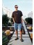 BENZO Erkek Ön Arka Baskı Detaylı %100 Organik Pamuk Oversize Kısa Kollu Koyu Kahverengi T-Shirt 3