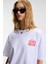 Feylora Kadın Pamuk Oversize Fit Baskı Detaylı Kısa Kollu Bisiklet Yaka Beyaz T-Shirt 5