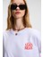 Feylora Kadın Pamuk Oversize Fit Baskı Detaylı Kısa Kollu Bisiklet Yaka Beyaz T-Shirt 6