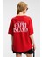 Feylora Kadın Pamuk Oversize Fit Baskı Detaylı Kısa Kollu Bisiklet Yaka Kırmızı T-Shirt 1