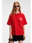 Feylora Kadın Pamuk Oversize Fit Baskı Detaylı Kısa Kollu Bisiklet Yaka Kırmızı T-Shirt 2