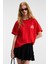 Feylora Kadın Pamuk Oversize Fit Baskı Detaylı Kısa Kollu Bisiklet Yaka Kırmızı T-Shirt 3
