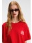 Feylora Kadın Pamuk Oversize Fit Baskı Detaylı Kısa Kollu Bisiklet Yaka Kırmızı T-Shirt 4