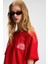 Feylora Kadın Pamuk Oversize Fit Baskı Detaylı Kısa Kollu Bisiklet Yaka Kırmızı T-Shirt 5