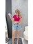 Glow Taş Işlemeli Kalp Detaylı Yarım Kollu Crop Triko Tişört 3