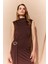 Bodycon Vücudu Saran Balikçı Yaka Basic Düz Tokalı Kolsuz Midi Abiye Elbise E8947AX25SP 3