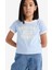 Kız Çocuk Slim Fit Dar Kesim Bisiklet Yaka Baskılı Fitilli Kaşkorse Kısa Kollu Tişört D8542A825SM 3