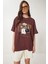 Ayıcık Armalı Pamuklu Oversize Örme T-Shirt Kahverengi LCR0038 2