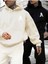 Unisex Bej Siyah A Baskılı 2'li Oversize Pamuklu Kapüşonlu Sweatshirt Takım 1