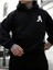 Unisex Bej Siyah A Baskılı 2'li Oversize Pamuklu Kapüşonlu Sweatshirt Takım 3
