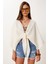 Bağlama Detaylı Crop Müslin Bluz Krem LMX0092 3