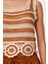 Ajurlu Yazlık Crop Triko Bluz Kiremit Krem LQS0015 3