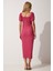 Büzgülü Saran Yazlık Örme Elbise Koyu Pembe LDD0089 3