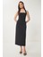 Halter Yaka Midi Dokuma Elbise Siyah LFK0005 1