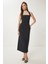 Halter Yaka Midi Dokuma Elbise Siyah LFK0005 2