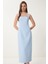 Halter Yaka Midi Dokuma Elbise Gök Mavi LFK0005 1
