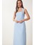 Halter Yaka Midi Dokuma Elbise Gök Mavi LFK0005 2