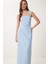 Halter Yaka Midi Dokuma Elbise Gök Mavi LFK0005 3