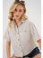 Kadın Keten Görünümlü Crop Gömlek 20339 - Krem 4