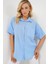 Kadın Kısa Kol Keten Görünümlü Gömlek 20336 - Mavi 4