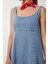 U Yaka Askılı Uzun Çan Formlu Denim Elbise 5