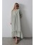 Çizgili Oversize V Yaka Elbise - Haki 1