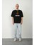 Unisex Bisiklet Yaka Baskılı Oversize T-Shirt - Siyah 1