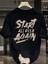 Baskılı Oversize Bisiklet Yaka T-Shirt - Siyah 1