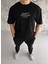 Unisex Bisiklet Yaka Baskılı Oversize T-Shirt - Siyah 1