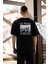 Unisex Bisiklet Yaka Baskılı Oversize T-Shirt - Siyah 3