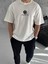 Unisex Bisiklet Yaka Baskılı Oversize T-Shirt - Beyaz 1