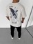 Unisex Bisiklet Yaka Baskılı Oversize T-Shirt - Beyaz 3