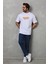 Unisex Bisiklet Yaka Baskılı Oversize T-Shirt - Beyaz 4