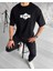 Unisex Bisiklet Yaka Baskılı Double Oversize T-Shirt - Siyah 1