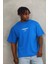 Unisex Oversize Baskılı Bisiklet Yaka T-Shirt - Mavi 2